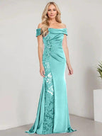 A-Line Off the Shoulder Floor-Length Mother of the Bride Dress Applique Beadings Mermaid Dress With High Split by Dreamylily