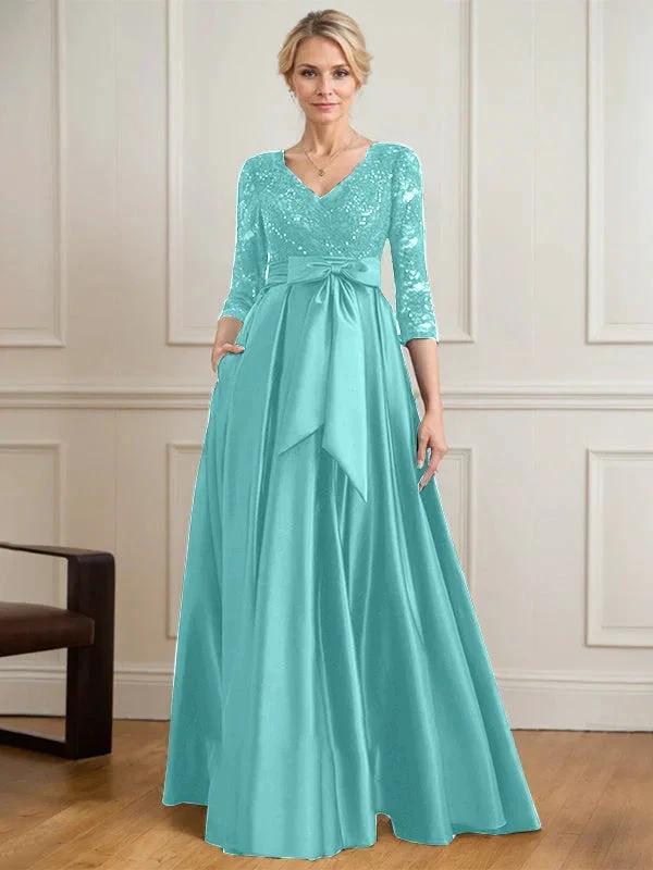 A-line V-Neck Floor-Length Satin Lace Mother of the Bride Dress With Sequins Bow by Dreamylily