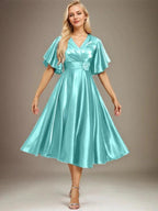 A-line V-Neck Tea-Length Stretch Satin Mother of the Bride Dress With Beading Pleated by Dreamylily