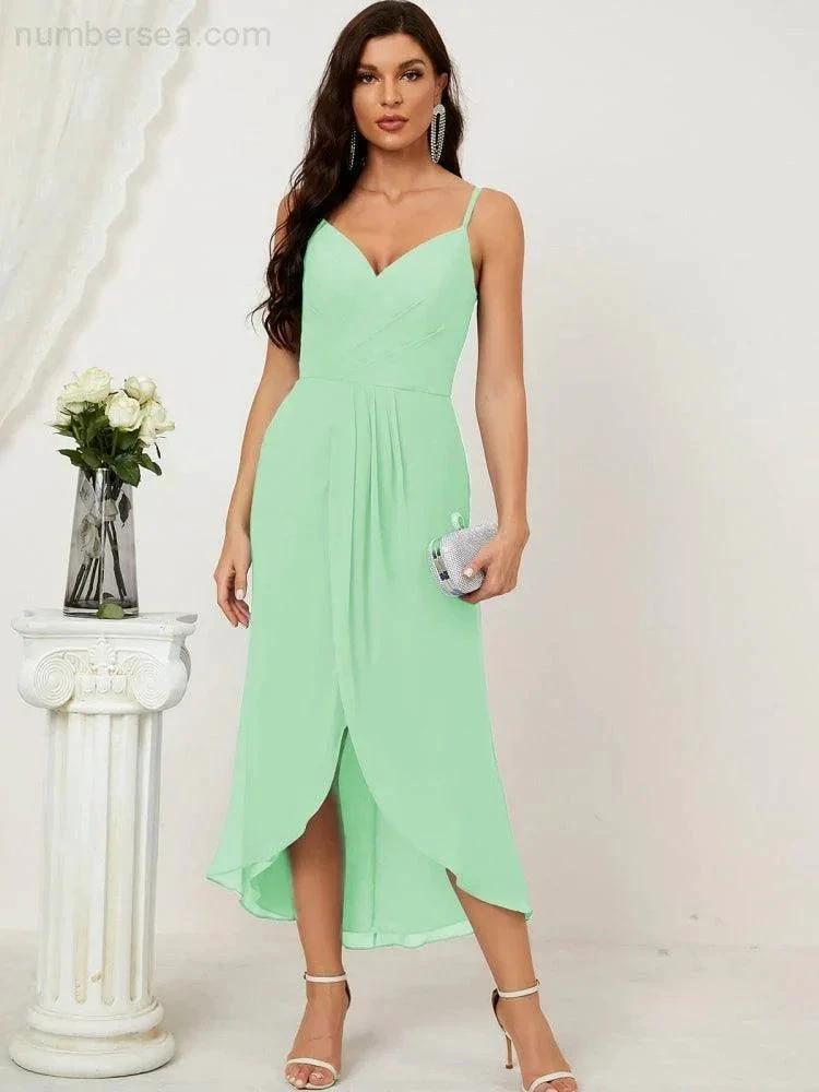 Numbersea Spaghetti Chiffon V Neck Bridesmaid Dress Mid-Length Slit Formal Prom Dress Homecoming Dress 2803 by numbersea