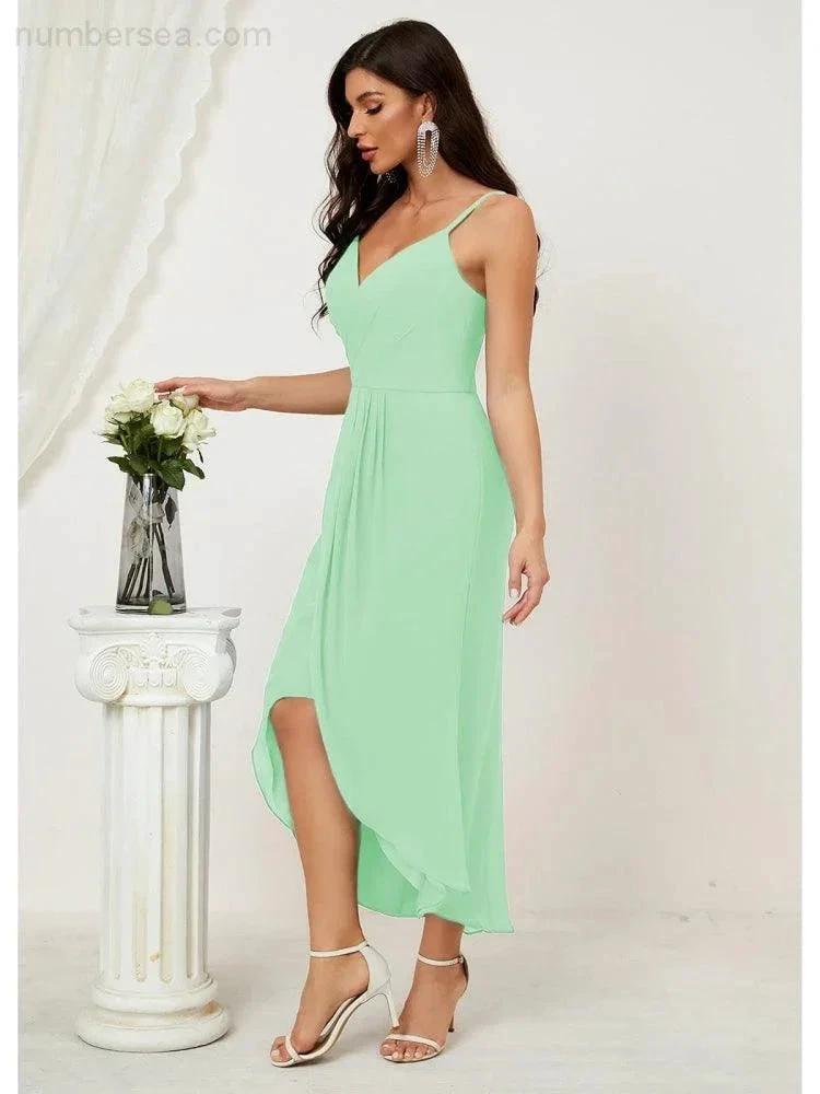 Numbersea Spaghetti Chiffon V Neck Bridesmaid Dress Mid-Length Slit Formal Prom Dress Homecoming Dress 2803 by numbersea
