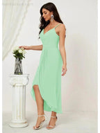 Numbersea Spaghetti Chiffon V Neck Bridesmaid Dress Mid-Length Slit Formal Prom Dress Homecoming Dress 2803 by numbersea