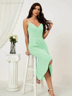 Numbersea Spaghetti Chiffon V Neck Bridesmaid Dress Mid-Length Slit Formal Prom Dress Homecoming Dress 2803 by numbersea