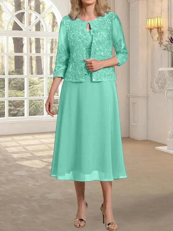A-line Scoop Tea-Length Lace Chiffon Mother of the Bride Dress With Sequins by Dreamylily