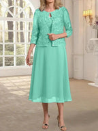 A-line Scoop Tea-Length Lace Chiffon Mother of the Bride Dress With Sequins by Dreamylily