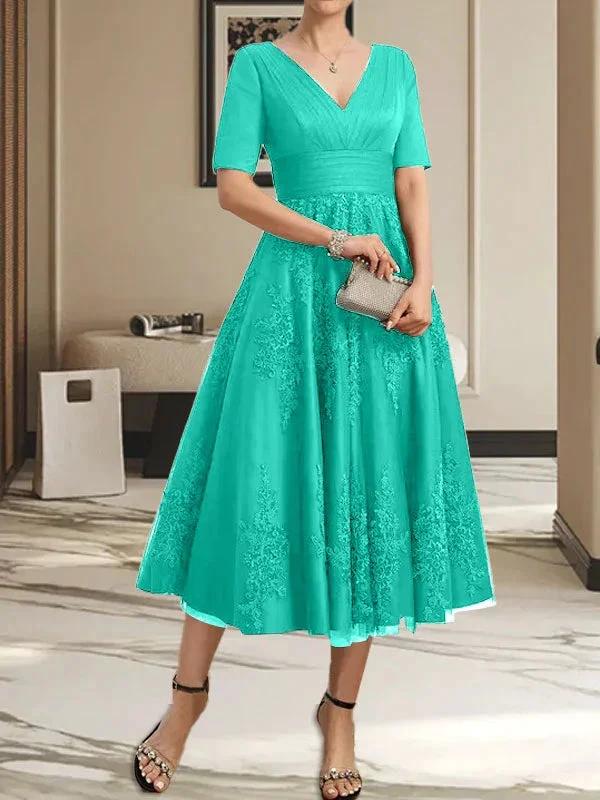 A-line V-Neck Tea-Length Tulle Lace Mother of the Bride Dress With Pleated by Dreamylily