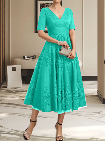 A-line V-Neck Tea-Length Tulle Lace Mother of the Bride Dress With Pleated
