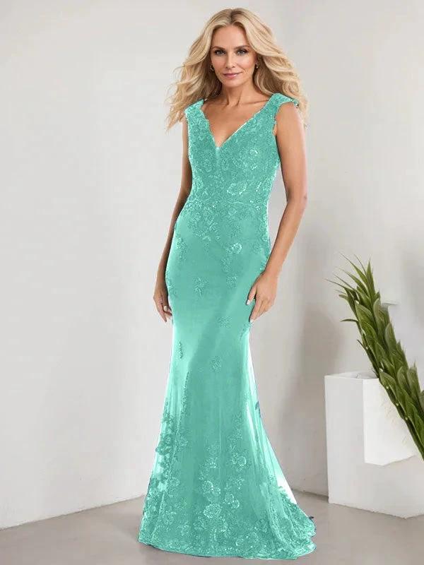 A-line V-Neck Floor-Length Lace Chiffon Mother of the Bride Dress With Applique Sequins Mermaid Dresses by Dreamylily