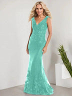 A-line V-Neck Floor-Length Lace Chiffon Mother of the Bride Dress With Applique Sequins Mermaid Dresses by Dreamylily