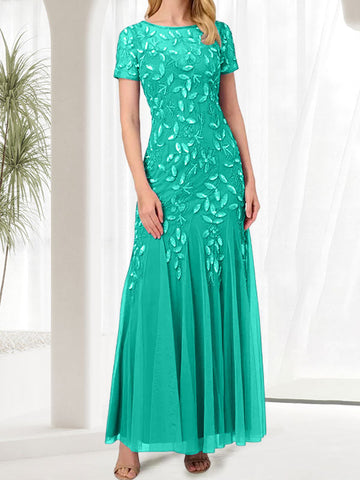 Vestido largo de sirena azul con cuello redondo para madre de la novia con cuentas