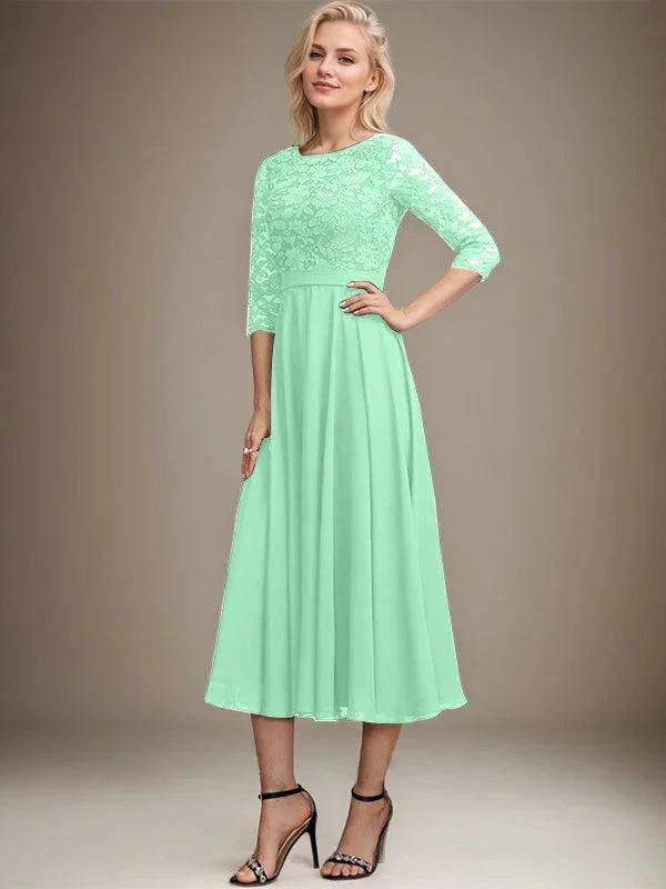 A-line Scoop Tea-Length Lace Chiffon Mother of the Bride Dress With Sequins by Dreamylily