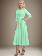 A-line Scoop Tea-Length Lace Chiffon Mother of the Bride Dress With Sequins by Dreamylily