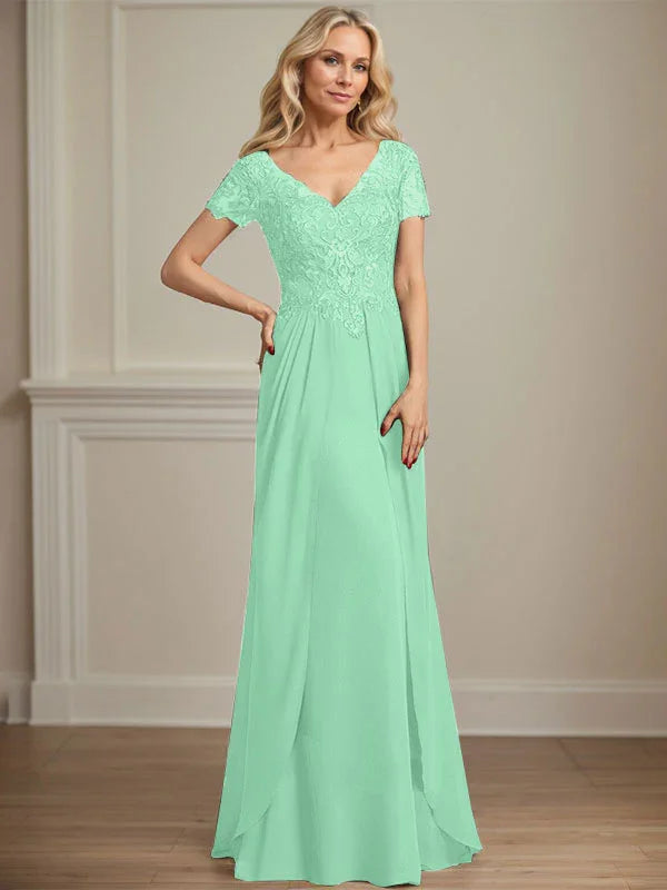 Vestido de gasa con encaje y escote en V hasta el suelo para madre de la novia