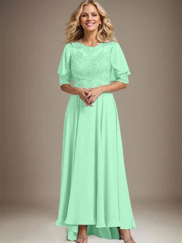 A-line Scoop Illusion Asymmetrical Chiffon Lace Mother of the Bride Dress With Beading by Dreamylily