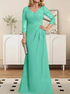 Sheath/Column V-Neck Illusion Floor-Length Lace Chiffon Mother of the Bride Dress With Pleated Sequins by Dreamylily