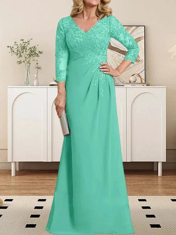 Sheath/Column V-Neck Illusion Floor-Length Lace Chiffon Mother of the Bride Dress With Pleated Sequins by Dreamylily