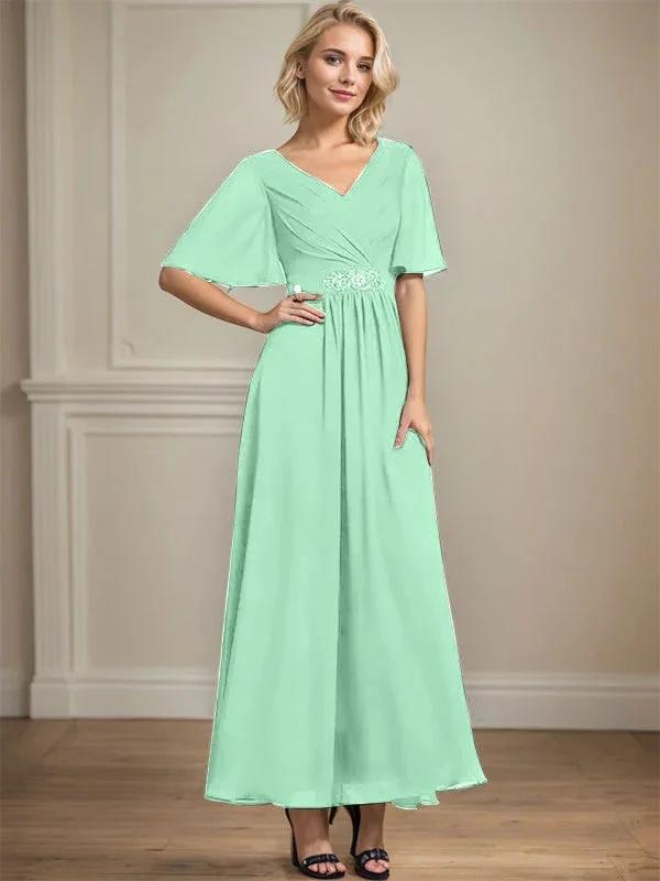 A-line V-Neck Ankle-Length Chiffon Mother of the Bride Dress With Pleated Beading Sequins by Dreamylily