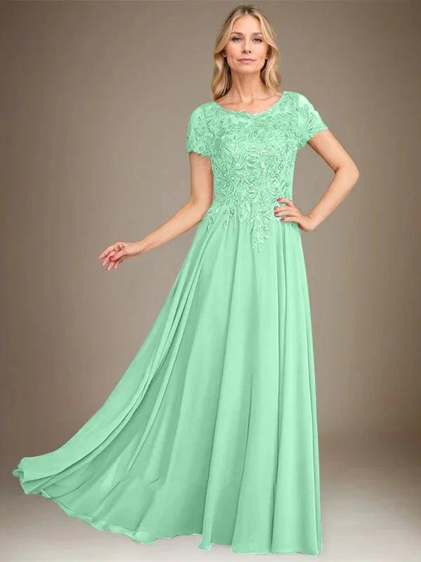 A-Line Scoop Floor-Length Chiffon Mother of the Bride Dress With Applique & Sequins by Dreamylily