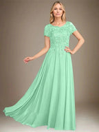A-Line Scoop Floor-Length Chiffon Mother of the Bride Dress With Applique & Sequins by Dreamylily