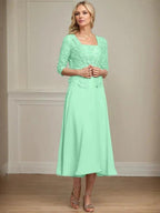 A-line Square Tea-Length Chiffon Lace Mother of the Bride Dress With Sequins Beading by Dreamylily