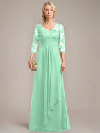 A-line V-Neck Floor-Length Lace Chiffon Mother of the Bride Dress With Cascading Ruffles Sequins by Dreamylily