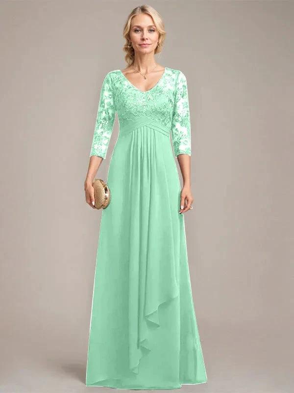 A-line V-Neck Floor-Length Lace Chiffon Mother of the Bride Dress With Cascading Ruffles Sequins by Dreamylily