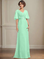 A-line V-Neck Floor-Length Chiffon Mother of the Bride Dress With Pleated Sequins Appliques Lace by Dreamylily