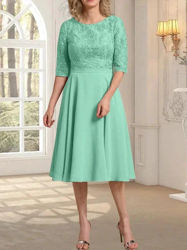 A-line Scoop Knee-Length Lace Chiffon Mother of the Bride Dress by Dreamylily