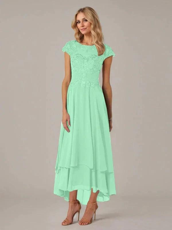 A-line Boat Neck Illusion Asymmetrical Chiffon Lace Mother of the Bride Dress With Applique Pleats by Dreamylily