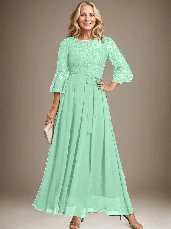 A-line Scoop Ankle-Length Lace Chiffon Mother of the Bride Dress With Bow by Dreamylily