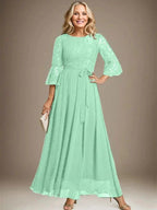 A-line Scoop Ankle-Length Lace Chiffon Mother of the Bride Dress With Bow by Dreamylily