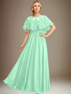 A-line Boat Neck Floor-Length Lace Chiffon Mother of the Bride Dress With Applique Sequins by Dreamylily