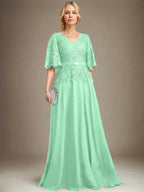 A-line V-Neck Floor-Length Chiffon Lace Mother of the Bride Dress With Crystal Brooch Rhinestone by Dreamylily