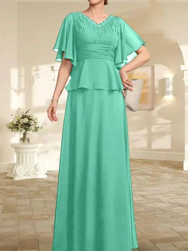 A-line V-Neck Floor-Length Chiffon Mother of the Bride Dress With Pleated Beading by Dreamylily