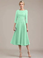 A-line Scoop Tea-Length Lace Chiffon Mother of the Bride Dress by Dreamylily