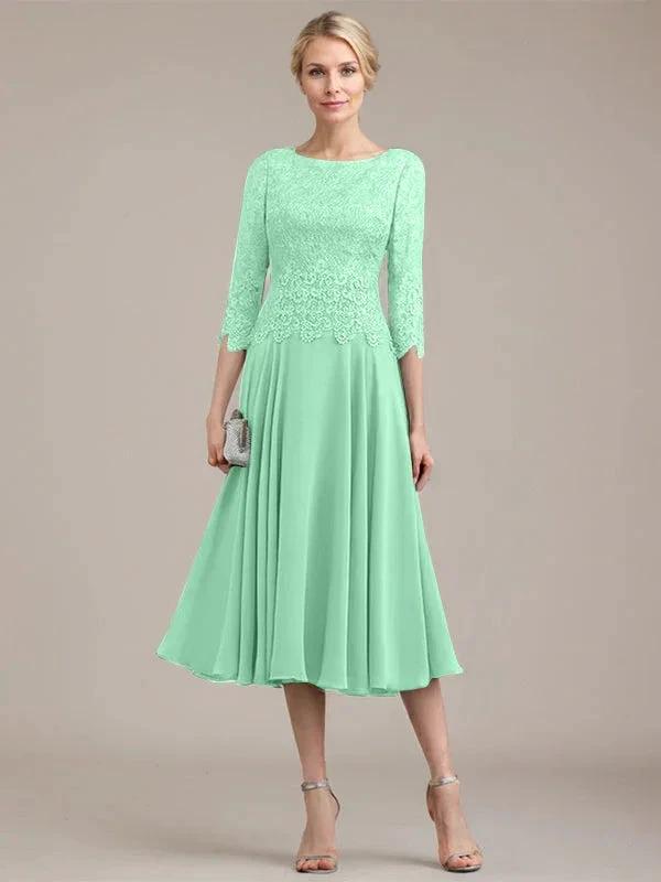 A-line Scoop Tea-Length Lace Chiffon Mother of the Bride Dress by Dreamylily