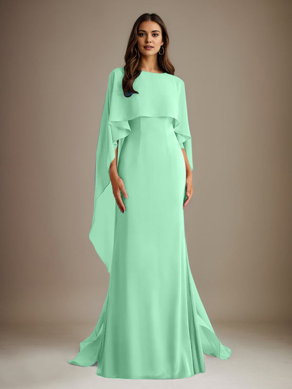 Sheath/Column Boatneck Floor-Length Chiffon Mother of the Bride Dress With Cascading Ruffles