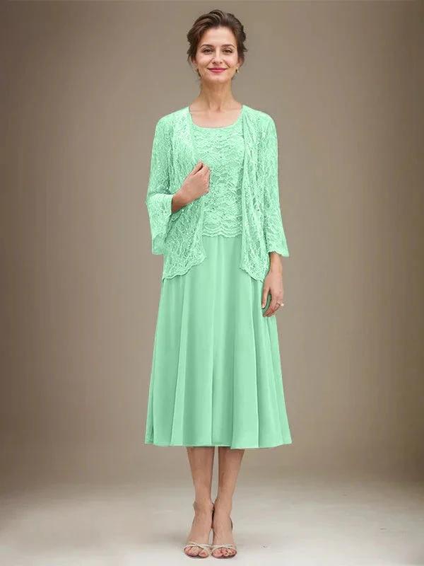 A-line Scoop Tea-Length Lace Chiffon Mother of the Bride Dress With Sequins by Dreamylily