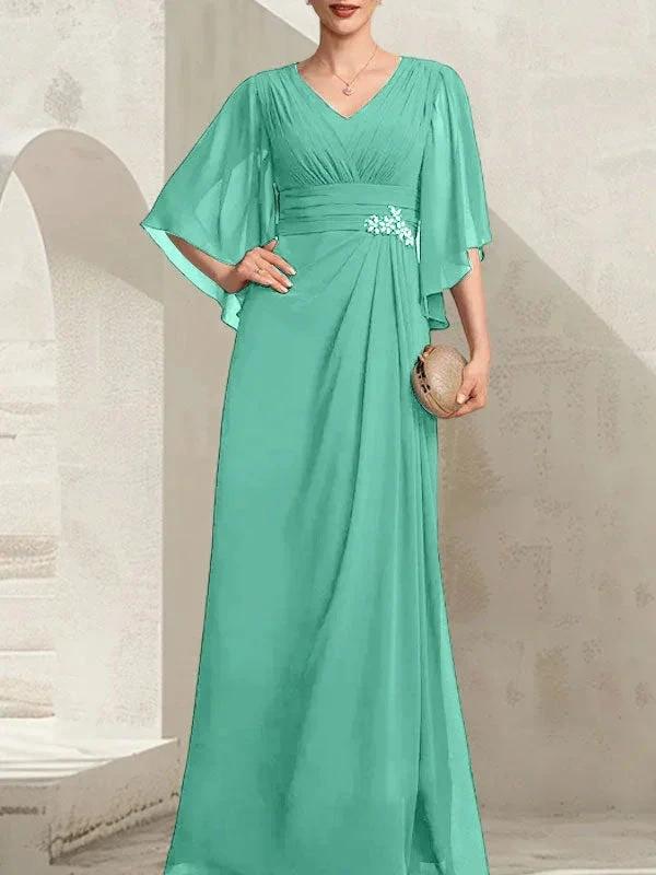 Sheath/Column V-Neck Floor-Length Chiffon Mother of the Bride Dress With Pleated Sequins Beading by Dreamylily