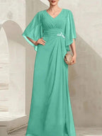 Sheath/Column V-Neck Floor-Length Chiffon Mother of the Bride Dress With Pleated Sequins Beading by Dreamylily