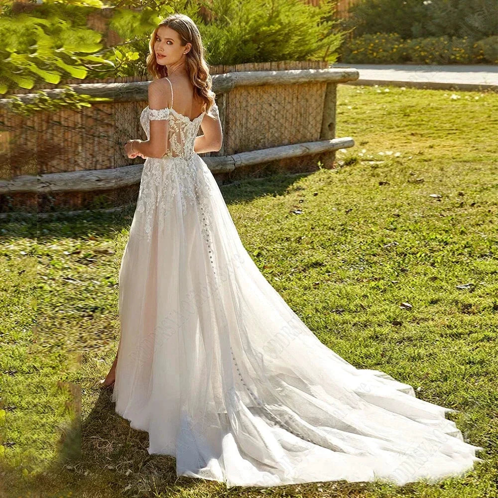 Modern Spaghetti Straps Wedding Dress A-Line New 2023 Civil Bride Bride A-Line Tulle Sweep Train Vestidos De Novia by payinti