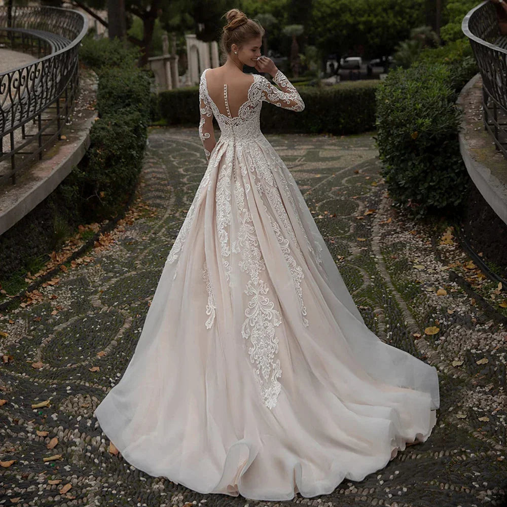 Modest Champagne Wedding Dress Appliques Long Sleeves Vestido De Noiva Sweep Train Sexy Backless Vestidos De Novia
