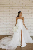 Modest Strapless Satin Detachable Tulle Wedding Dresses WD675 by pgmdress
