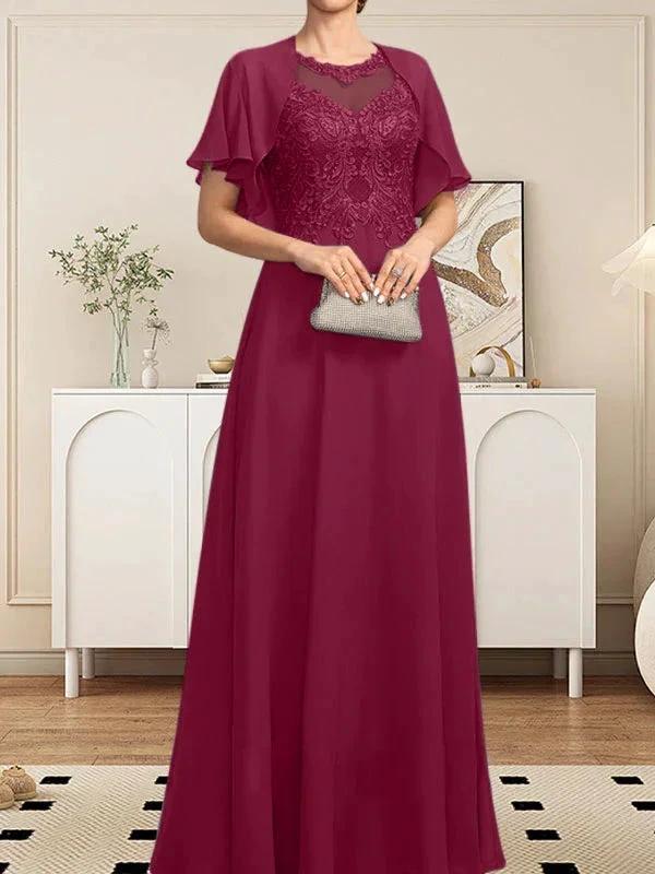 A-line Scoop Illusion Floor-Length Lace Chiffon Mother of the Bride Dress With Sequins by Dreamylily
