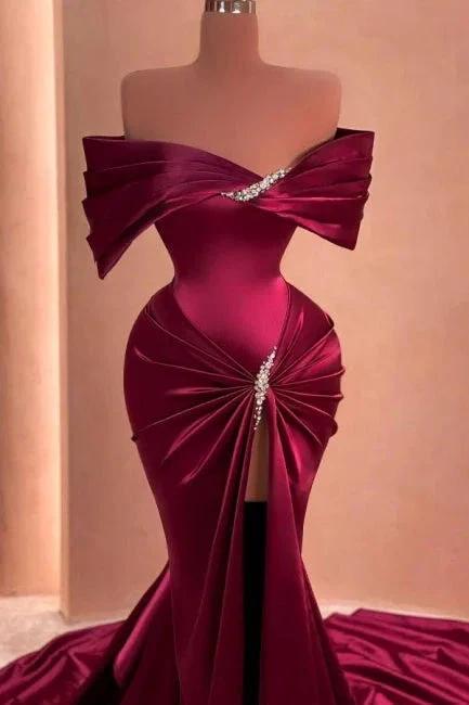 Mulberry Mermaid Off-The-Shoulder Ruffles Split Front Prom Dresses with Beadings by misshow.com