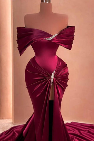 Mulberry Mermaid Off-The-Shoulder Ruffles Split Front Prom Dresses with Beadings