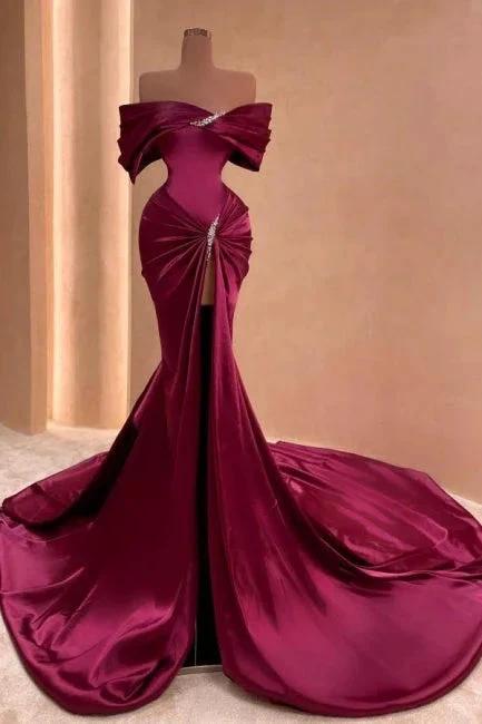 Mulberry Mermaid Off-The-Shoulder Ruffles Split Front Prom Dresses with Beadings by misshow.com