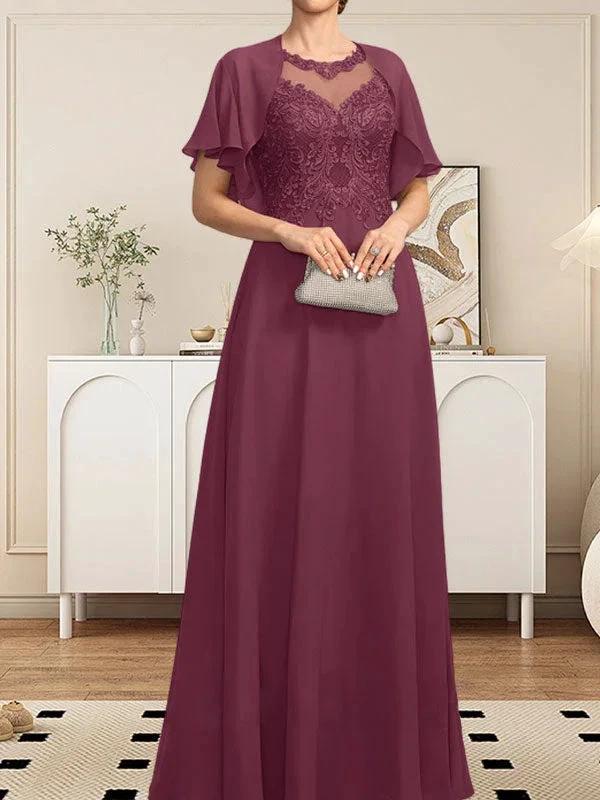 A-line Scoop Illusion Floor-Length Lace Chiffon Mother of the Bride Dress With Sequins by Dreamylily
