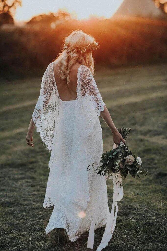 Batwing Sleeve Lace Rustic Wedding Dresses Ivory Sheath Boho Wedding Dresses,MW407 by Musebridals