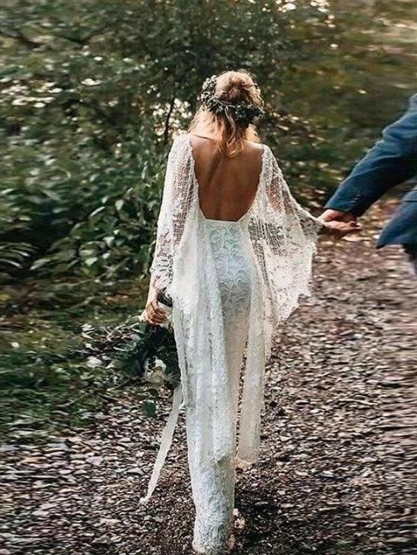 Batwing Sleeve Lace Rustic Wedding Dresses Ivory Sheath Boho Wedding Dresses,MW407 by Musebridals